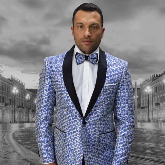 Mens Mini Circle Print Shawl Lapel Tuxedo in Royal Blue - Picture 1 of 2